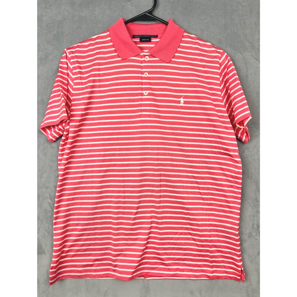 Ralph Lauren Golf Boys Pink White Striped Short Sleeve Polo Shirt Size M USA